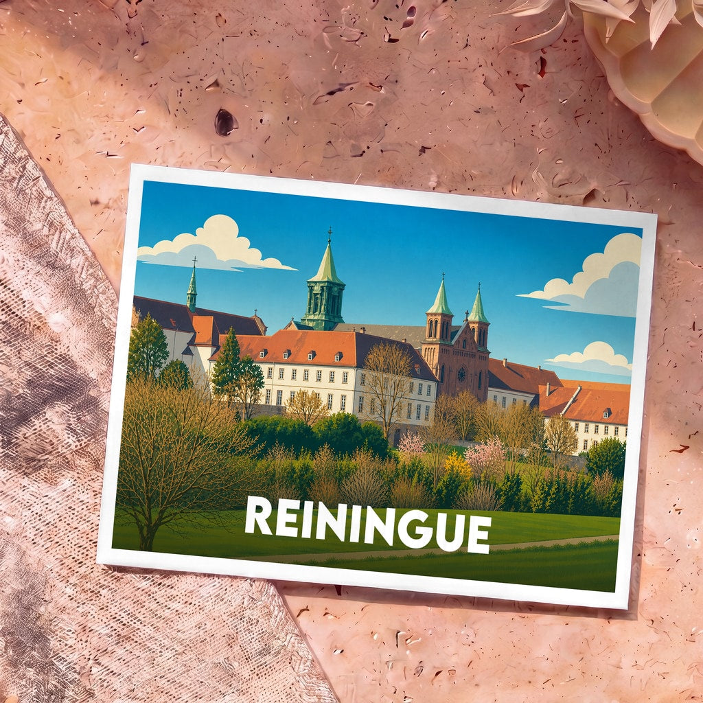 Carte postale souvenir de la ville de Reiningue avec une illustration stylisée de son abbaye.