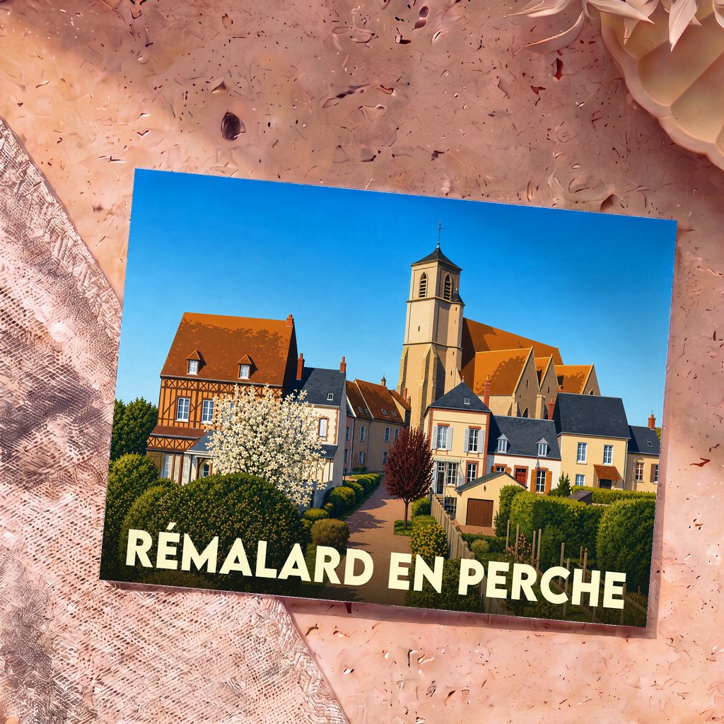 Carte postale souvenir de la ville de Rémalard en Perche avec une illustration stylisée de son église et de ses maisons à colombages.