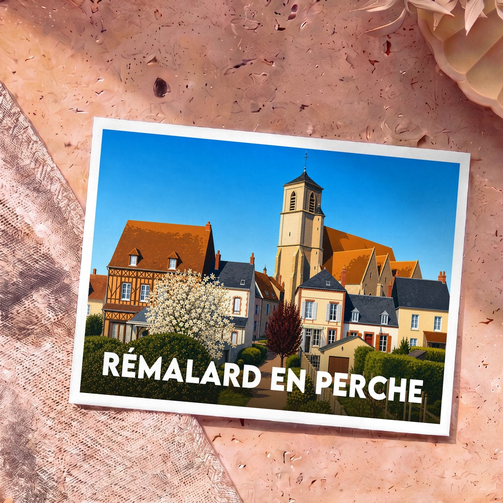 Carte postale souvenir de la ville de Rémalard en Perche avec une illustration colorée et stylisée de son église et de ses maisons traditionnelles.