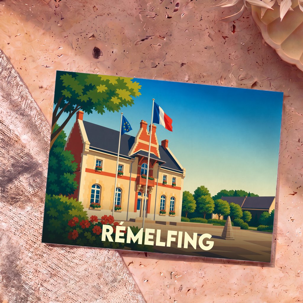 Carte postale souvenir de la ville de Rémelfing avec une illustration stylisée de sa mairie.