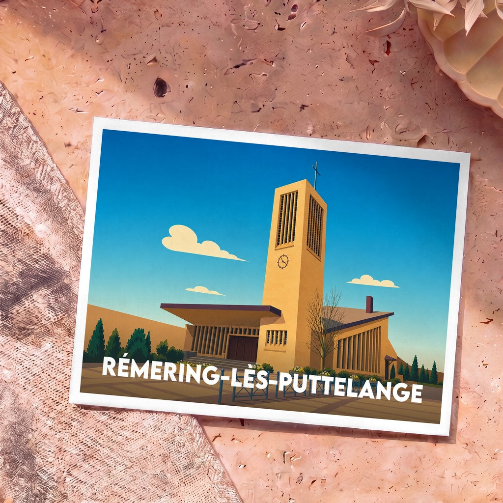 Carte postale souvenir de la ville de Rémering-lès-Puttelange avec une illustration stylisée de son église moderne.