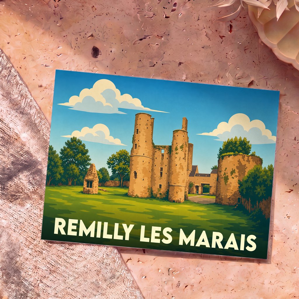 Carte postale souvenir de Remilly Les Marais illustrant les ruines stylisées du château de Montfort.