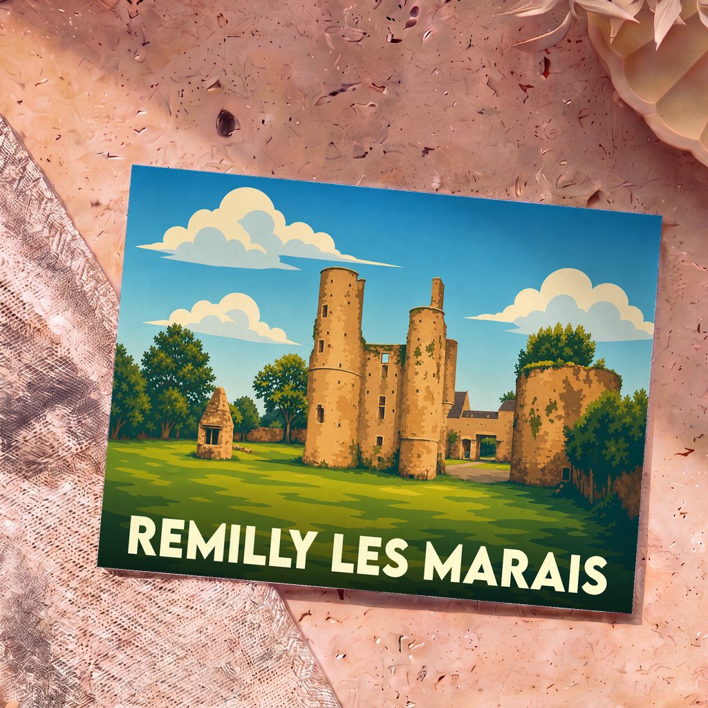 Carte postale souvenir de la commune de Remilly Les Marais avec une illustration stylisée de ses ruines historiques.