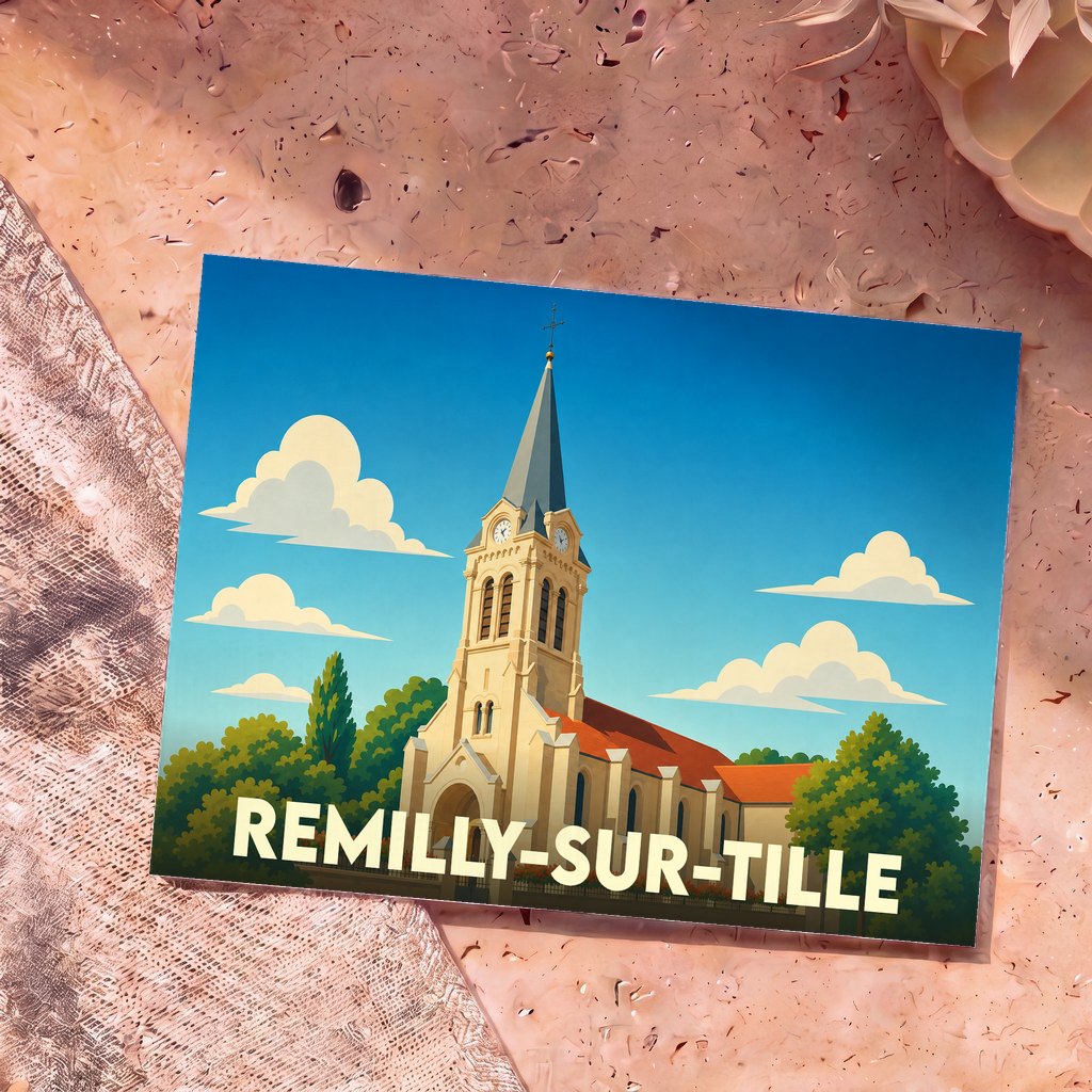 Carte postale souvenir de la ville de Remilly-sur-Tille avec une illustration stylisée de son église.
