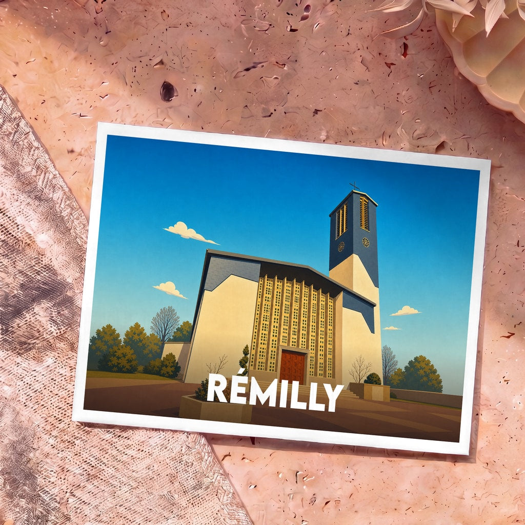 Carte postale souvenir de la ville de Rémilly avec une illustration stylisée de son église moderne.