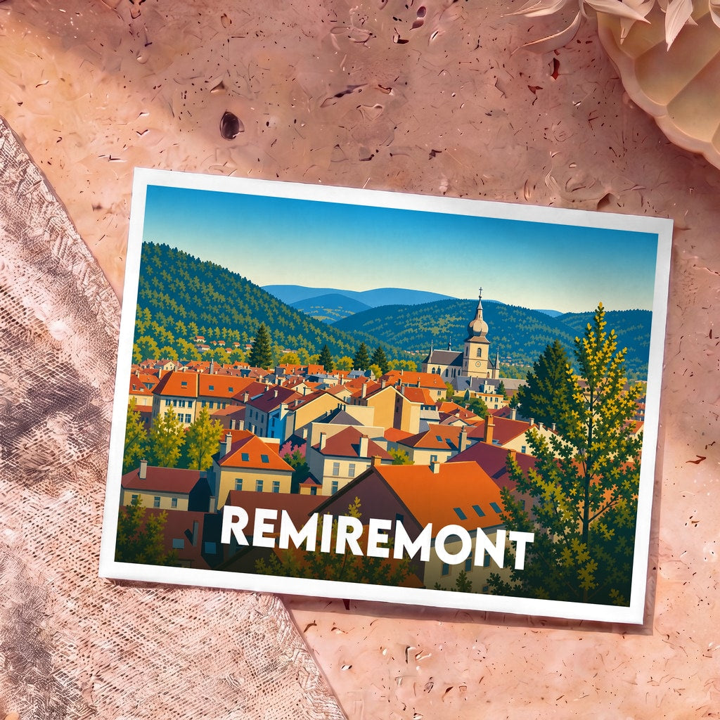 Carte postale souvenir de la ville de Remiremont avec une illustration colorée et stylisée de ses toits et de son église.
