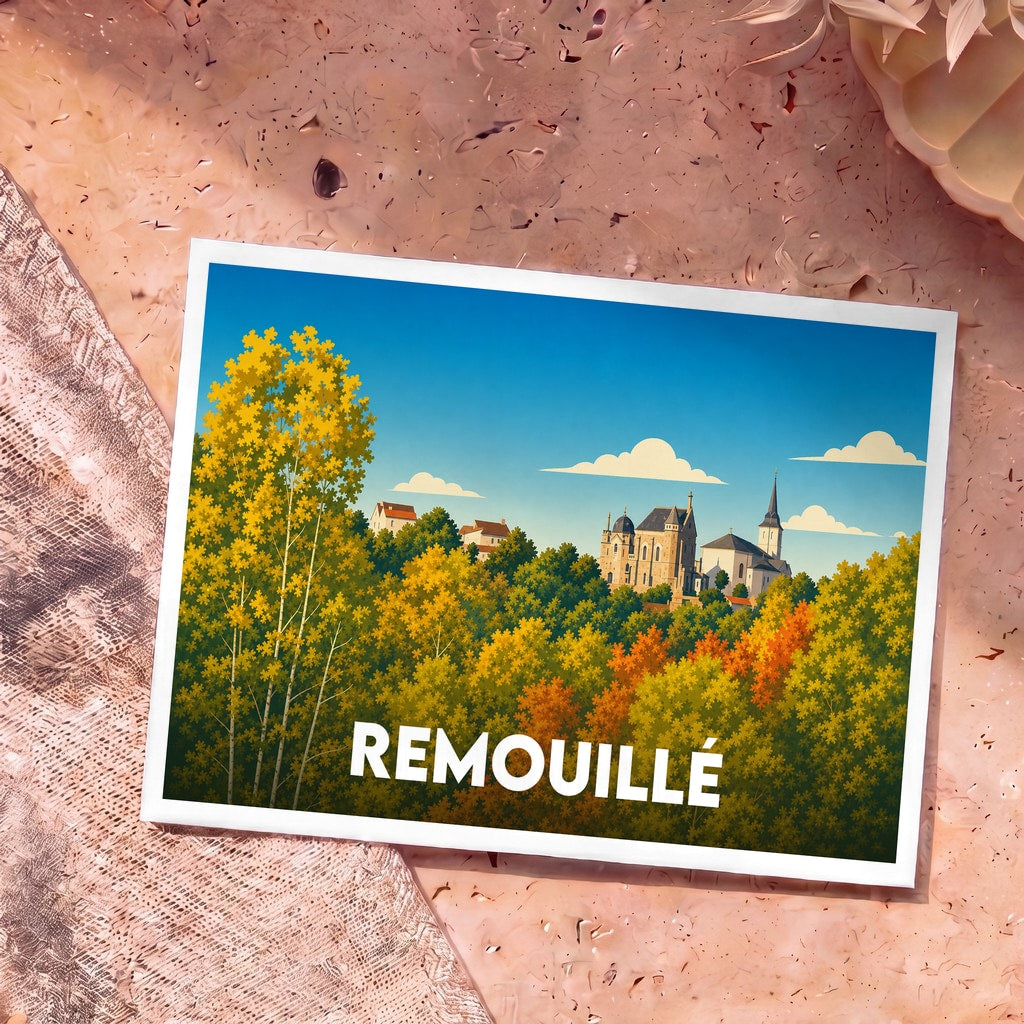 Carte postale souvenir de la ville de Remouillé avec une illustration stylisée de son église émergeant d'une forêt colorée.