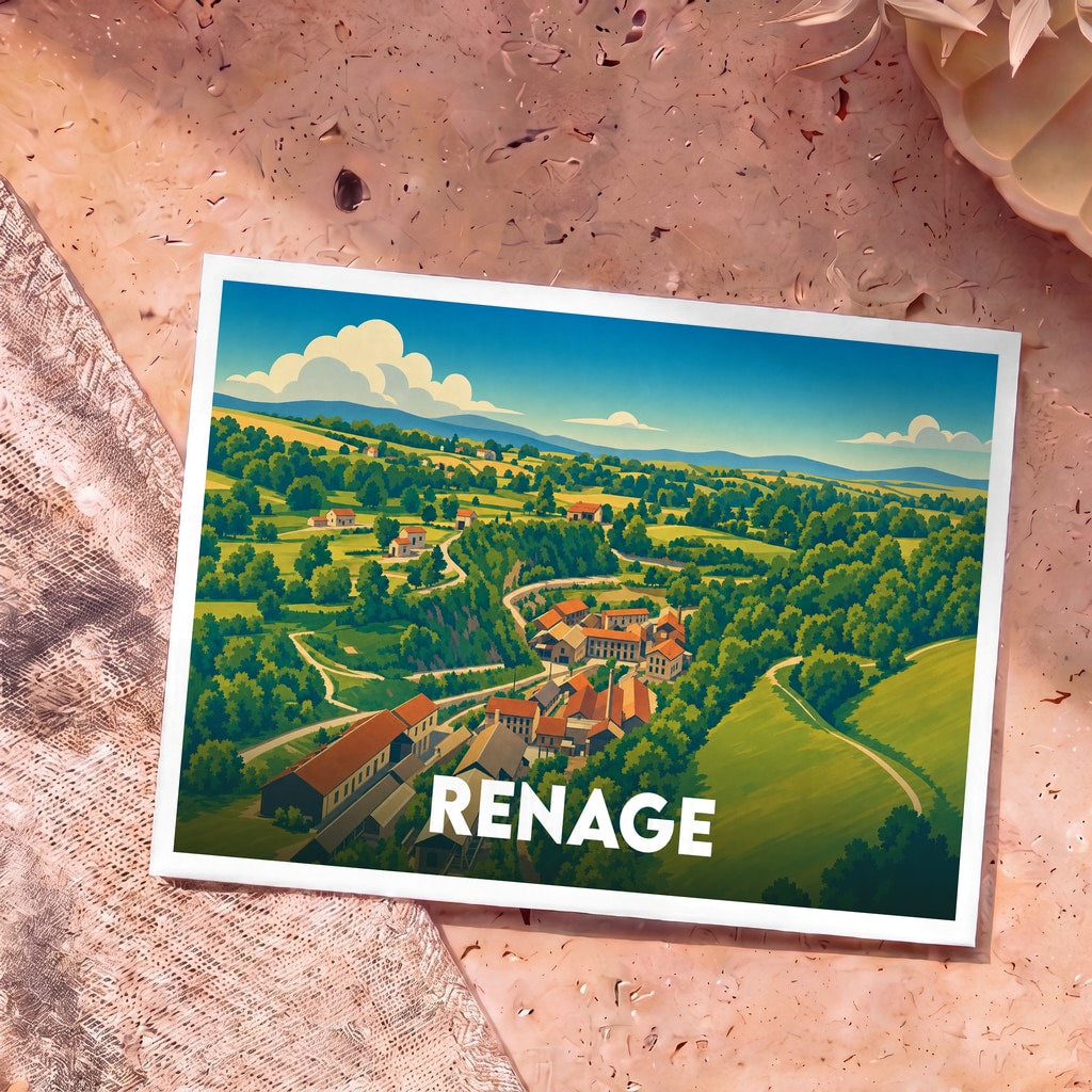 Carte postale souvenir de la ville de Renage avec une illustration stylisée de son paysage vallonné et de ses bâtiments.