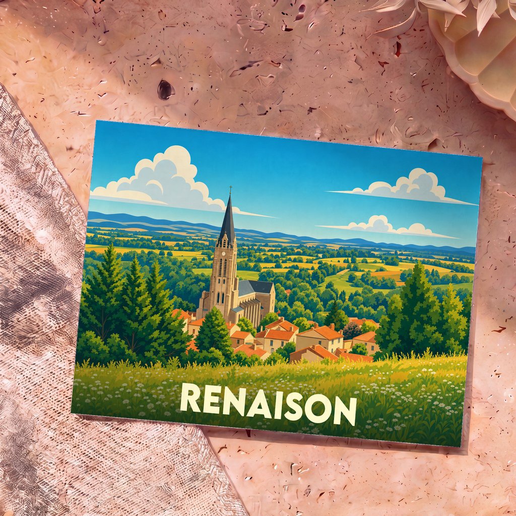 Carte postale souvenir de la ville de Renaison avec une illustration stylisée montrant l'église et les paysages vallonnés.
