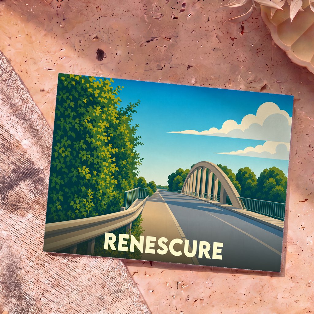 Carte postale souvenir de la ville de Renescure avec une illustration stylisée d'un pont routier bordé de verdure.
