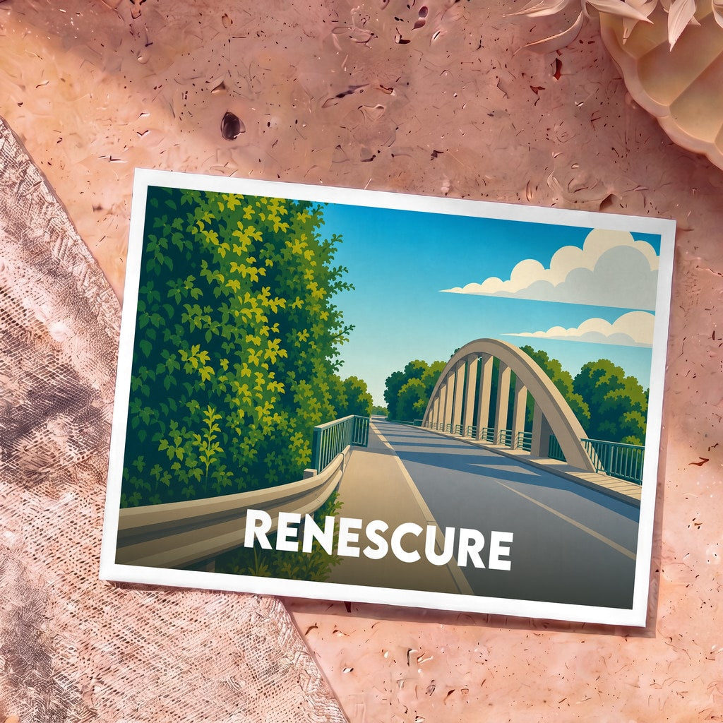 Carte postale souvenir de la ville de Renescure avec une illustration stylisée d'un pont routier bordé de verdure.