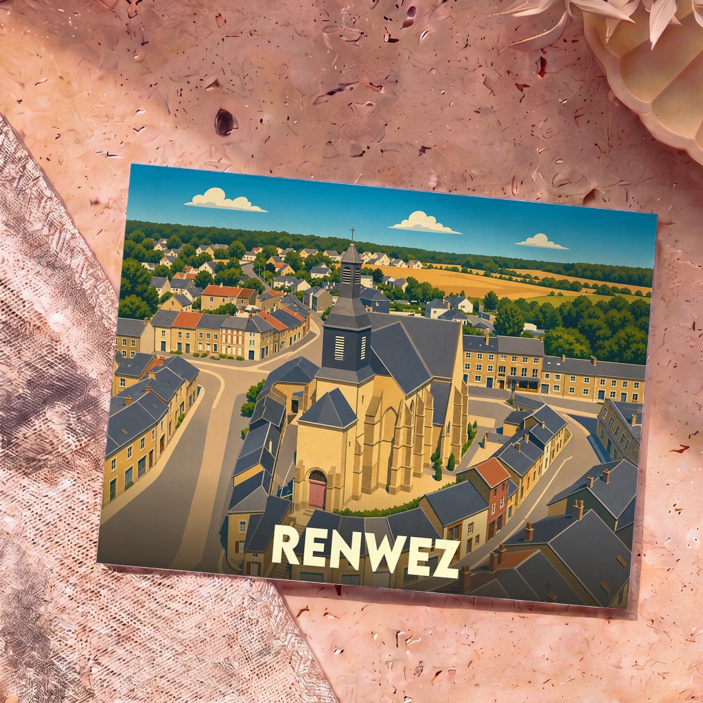 Carte postale souvenir de la ville de Renwez avec une illustration stylisée.