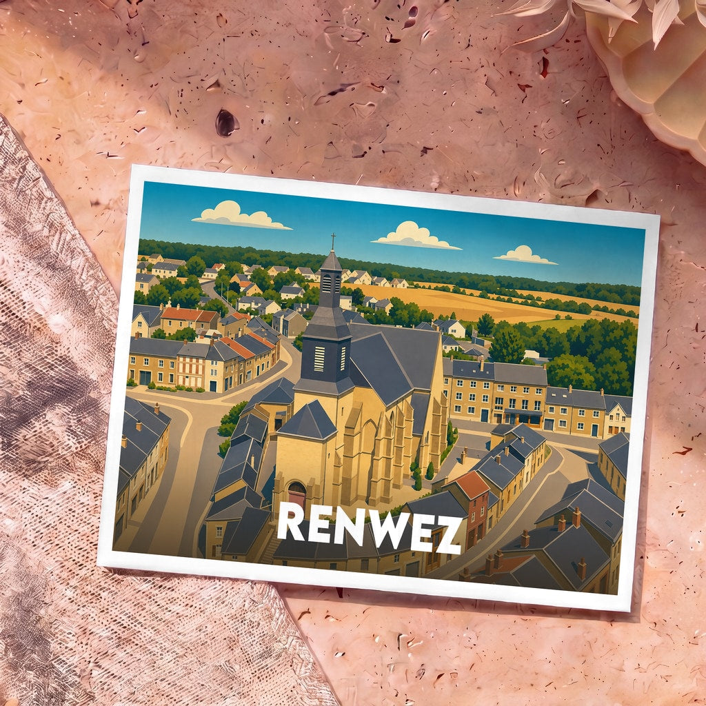 Carte postale souvenir de la ville de Renwez avec une illustration stylisée.