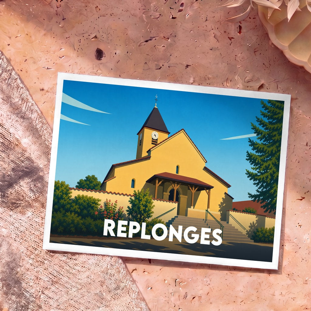 Carte postale souvenir de la ville de Replonges illustrant son église dans un style graphique épuré.