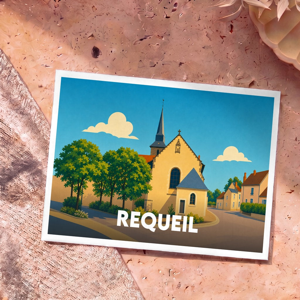 Carte postale souvenir de la ville de Requeil avec une illustration stylisée de son église et de ses rues.