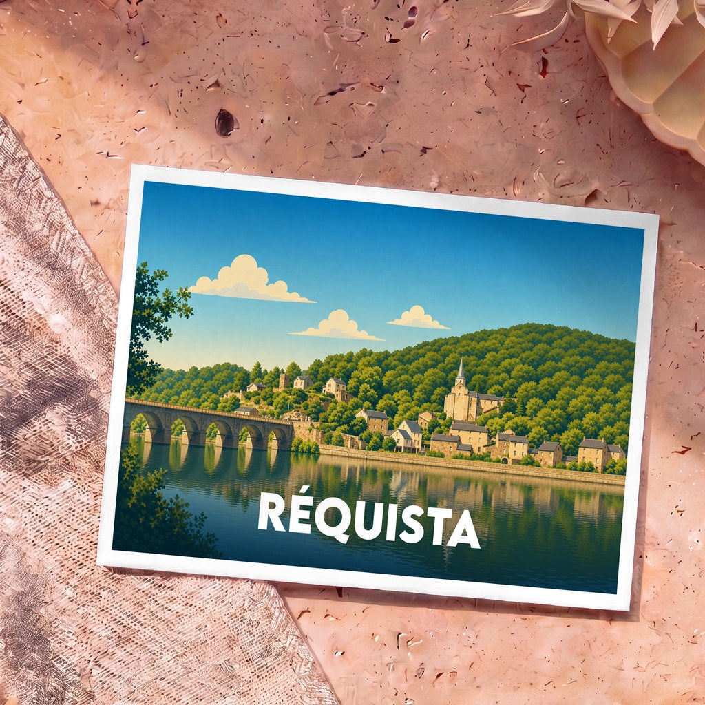 Carte postale souvenir de la ville de Réquista avec une illustration stylisée représentant un pont et un village au bord de l'eau.