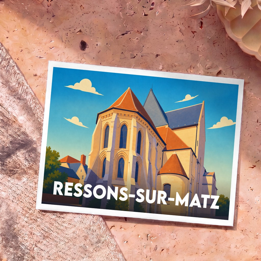 Carte postale souvenir de la ville de Ressons-sur-Matz avec une illustration stylisée de son église.