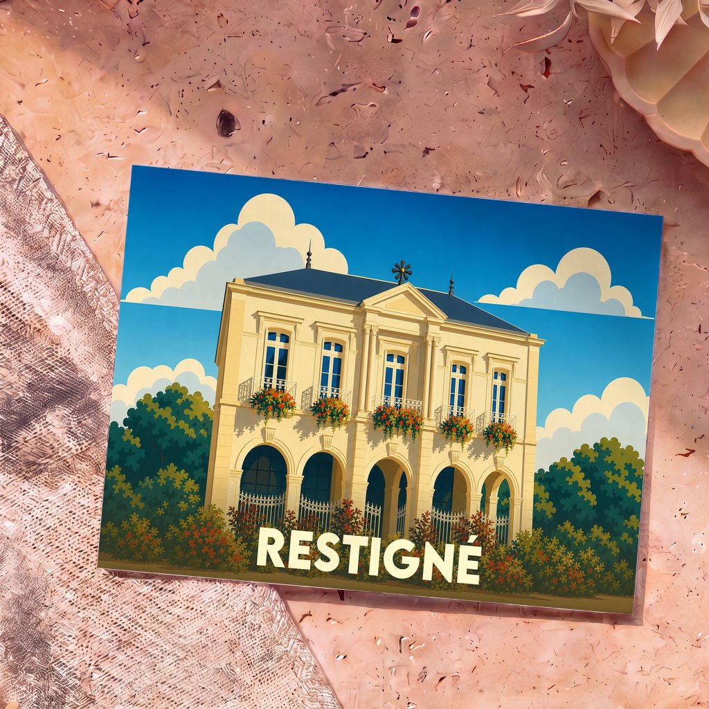 Carte postale souvenir de la ville de Restigné avec une illustration stylisée de son hôtel de ville.