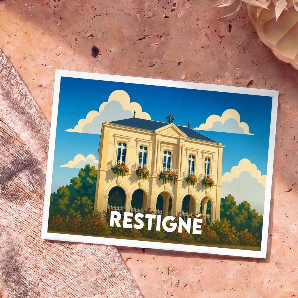 Carte postale souvenir de la ville de Restigné avec une illustration stylisée de son hôtel de ville.