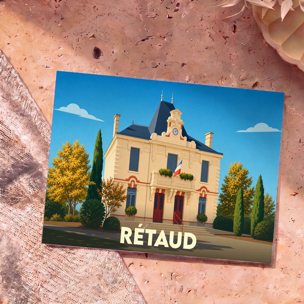 Carte postale souvenir de la ville de Rétaud illustrant la mairie dans un style graphique épuré.