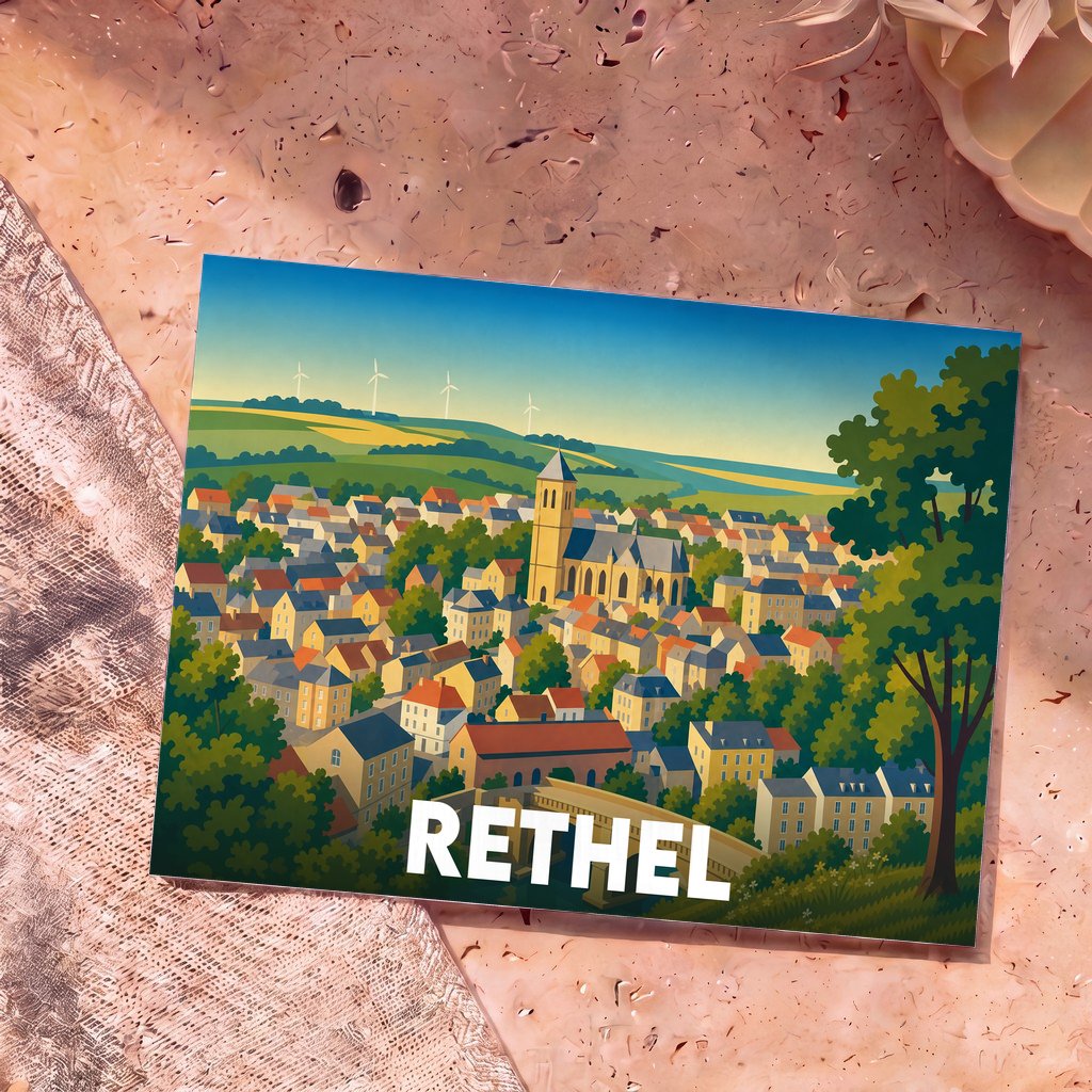 Carte postale souvenir de la ville de Rethel avec une illustration colorée et stylisée de ses maisons et de son église.
