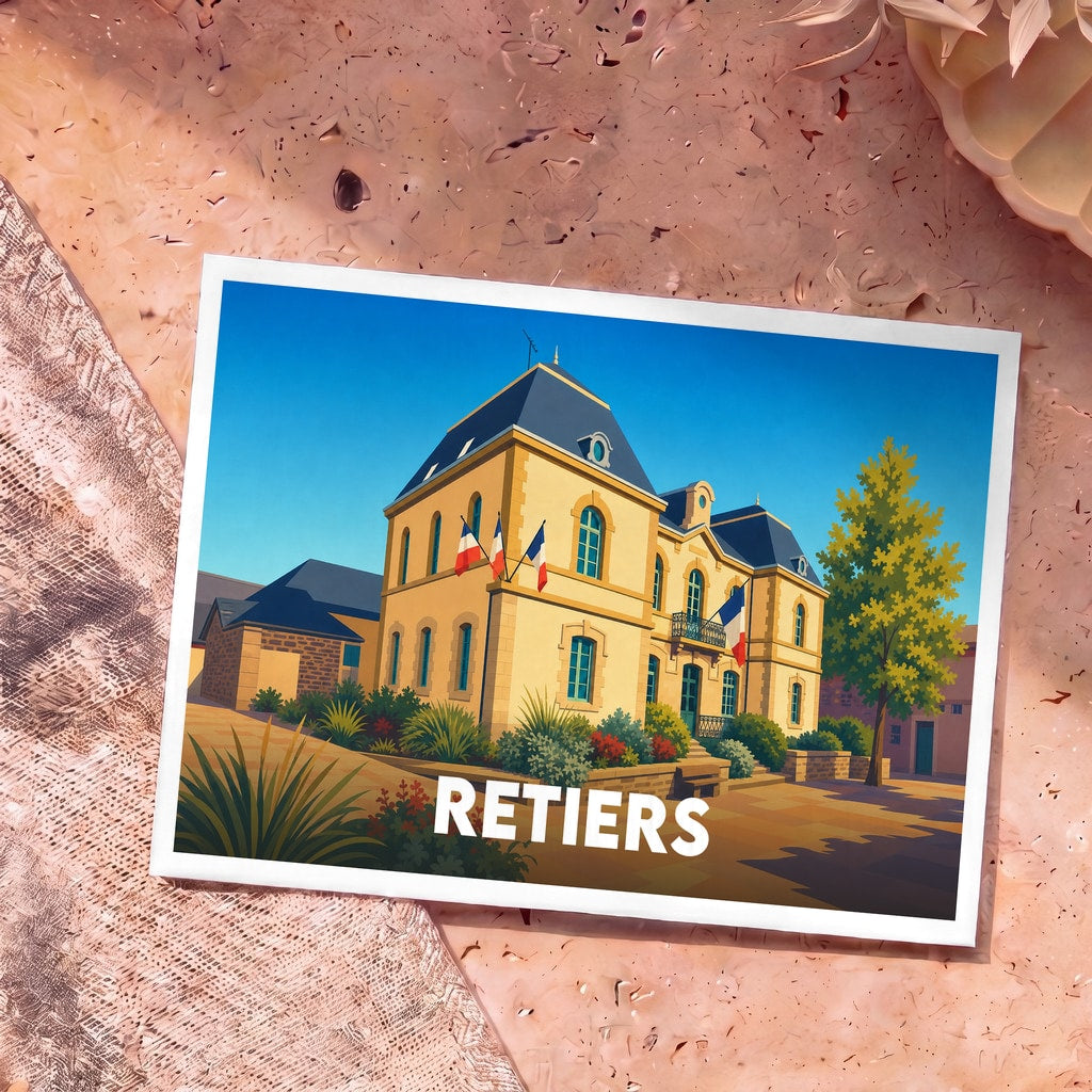 Carte postale souvenir de la ville de Retiers arborant une illustration stylisée de sa mairie pavoisée.