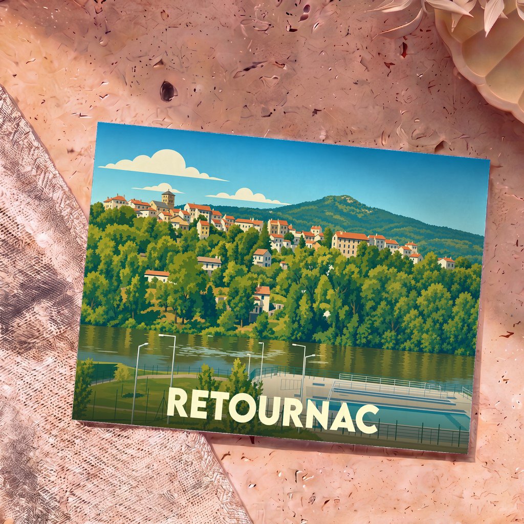 Carte postale souvenir de la ville de Retournac avec une illustration stylisée d'un village en bord de rivière.