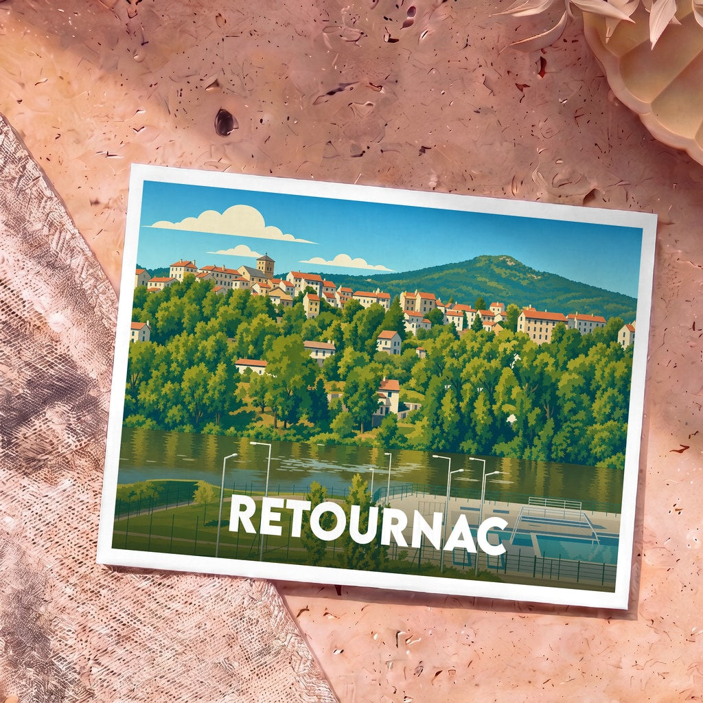 Carte postale souvenir de la ville de Retournac avec une illustration stylisée d'un village en bord de rivière.