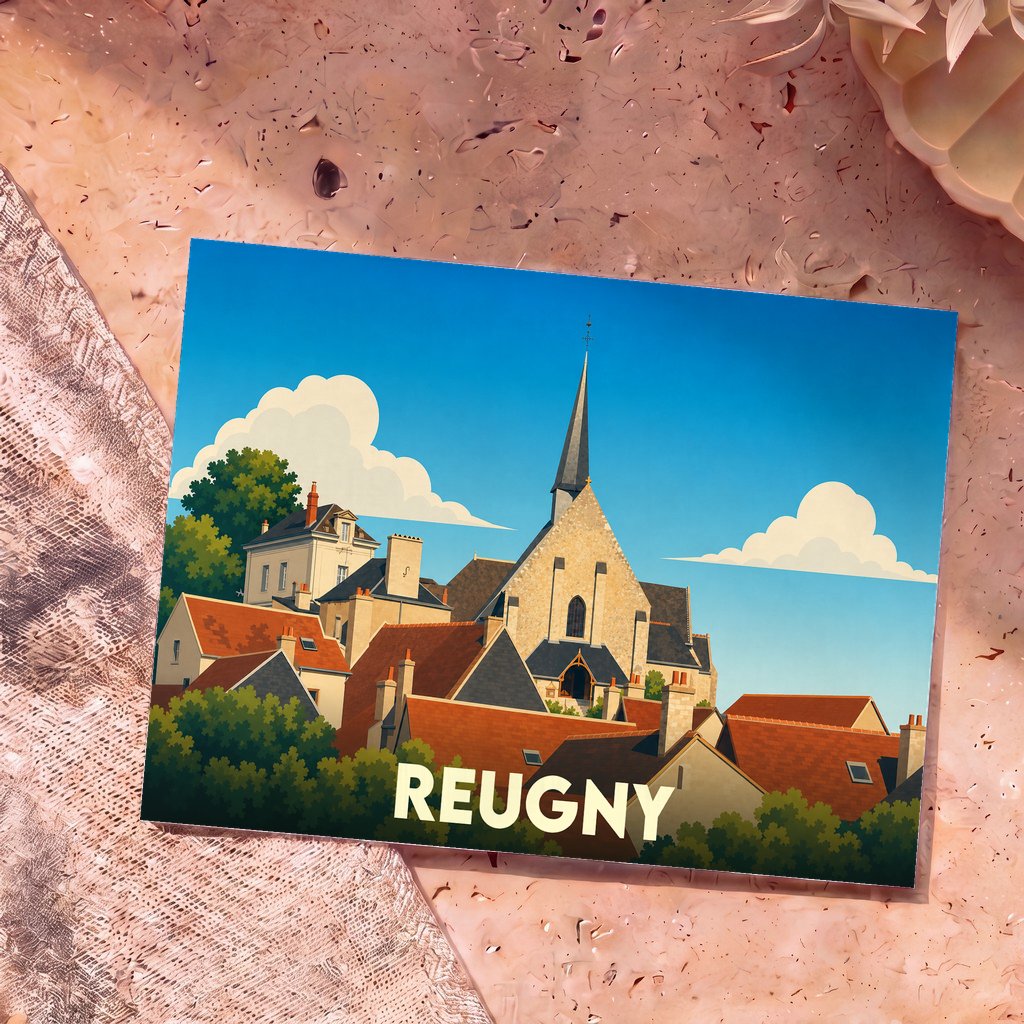 Carte postale souvenir de la ville de Reugny avec une illustration stylisée montrant son église et ses toits.