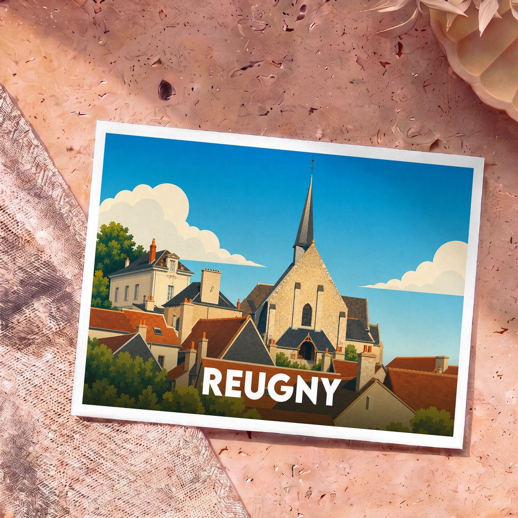 Carte postale souvenir de la ville de Reugny avec une illustration stylisée montrant son église et ses toits.