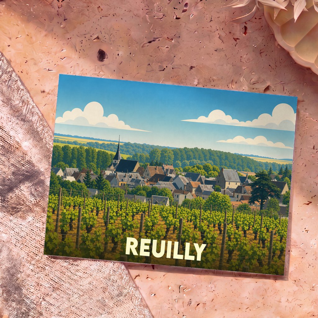 Carte postale souvenir de la ville de Reuilly avec une illustration stylisée d'un village et de ses vignobles.