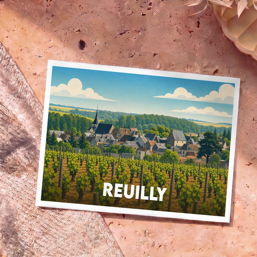 Carte postale souvenir de la ville de Reuilly avec une illustration stylisée d'un village et de ses vignobles.
