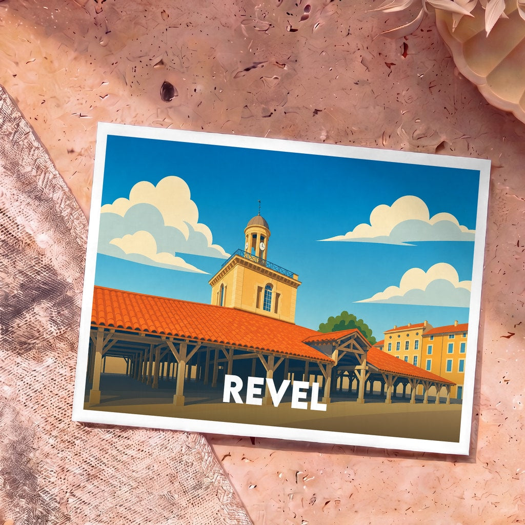 Carte postale souvenir de la ville de Revel avec une illustration stylisée de sa halle centrale.