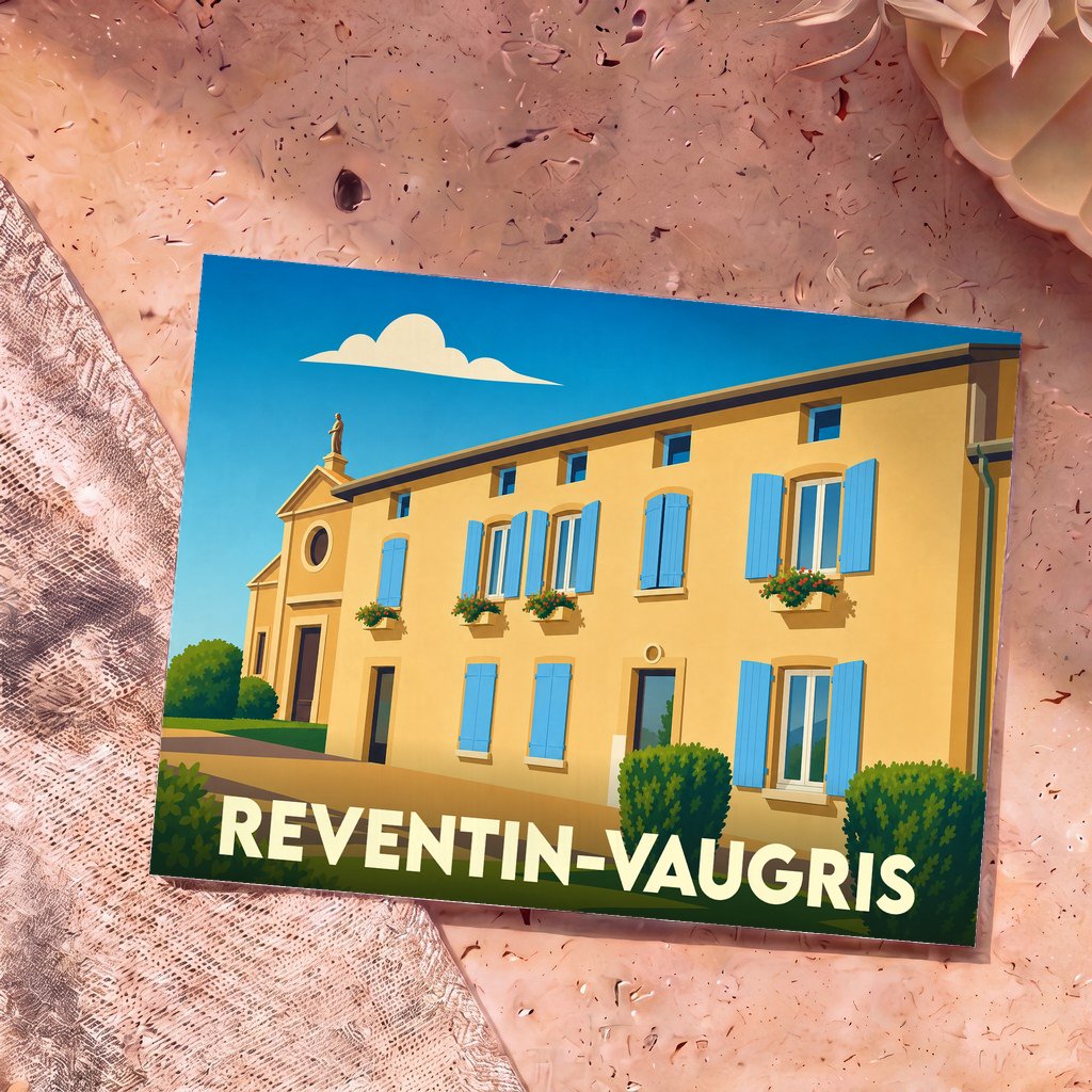 Carte postale souvenir de la ville de Reventin-Vaugris avec une illustration stylisée d'un bâtiment provençal aux volets bleus.