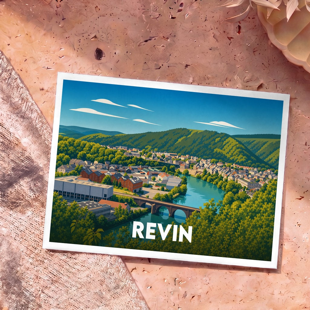 Carte postale souvenir de la ville de Revin illustrant son paysage fluvial et ses collines verdoyantes dans un style graphique épuré.