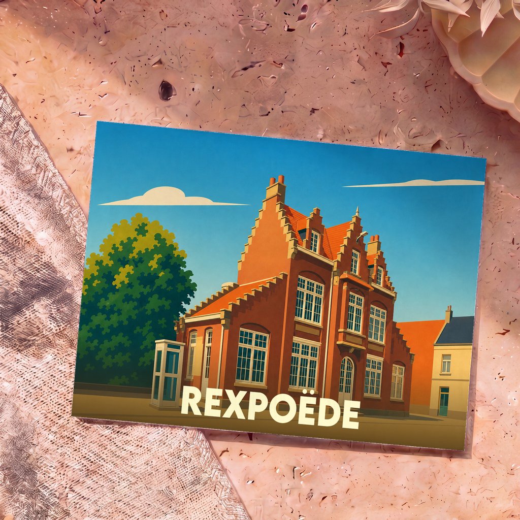 Carte postale souvenir de la ville de Rexpoëde avec une illustration stylisée de son architecture flamande.