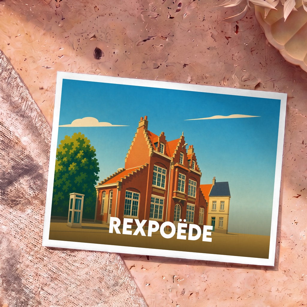 Carte postale souvenir de la ville de Rexpoëde avec une illustration stylisée de son architecture flamande.