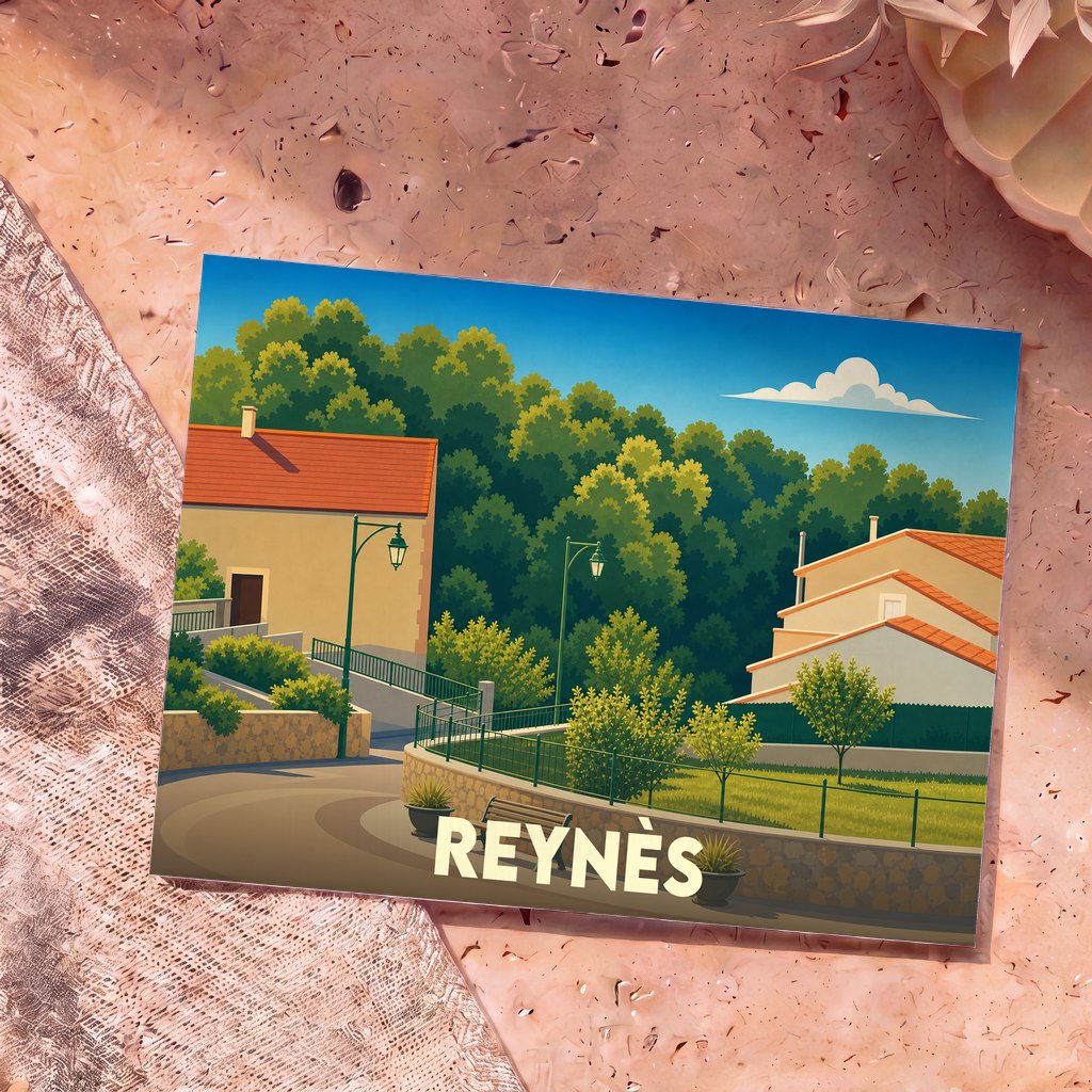 Carte postale souvenir de la ville de Reynès avec une illustration stylisée de ses maisons et paysages verdoyants.