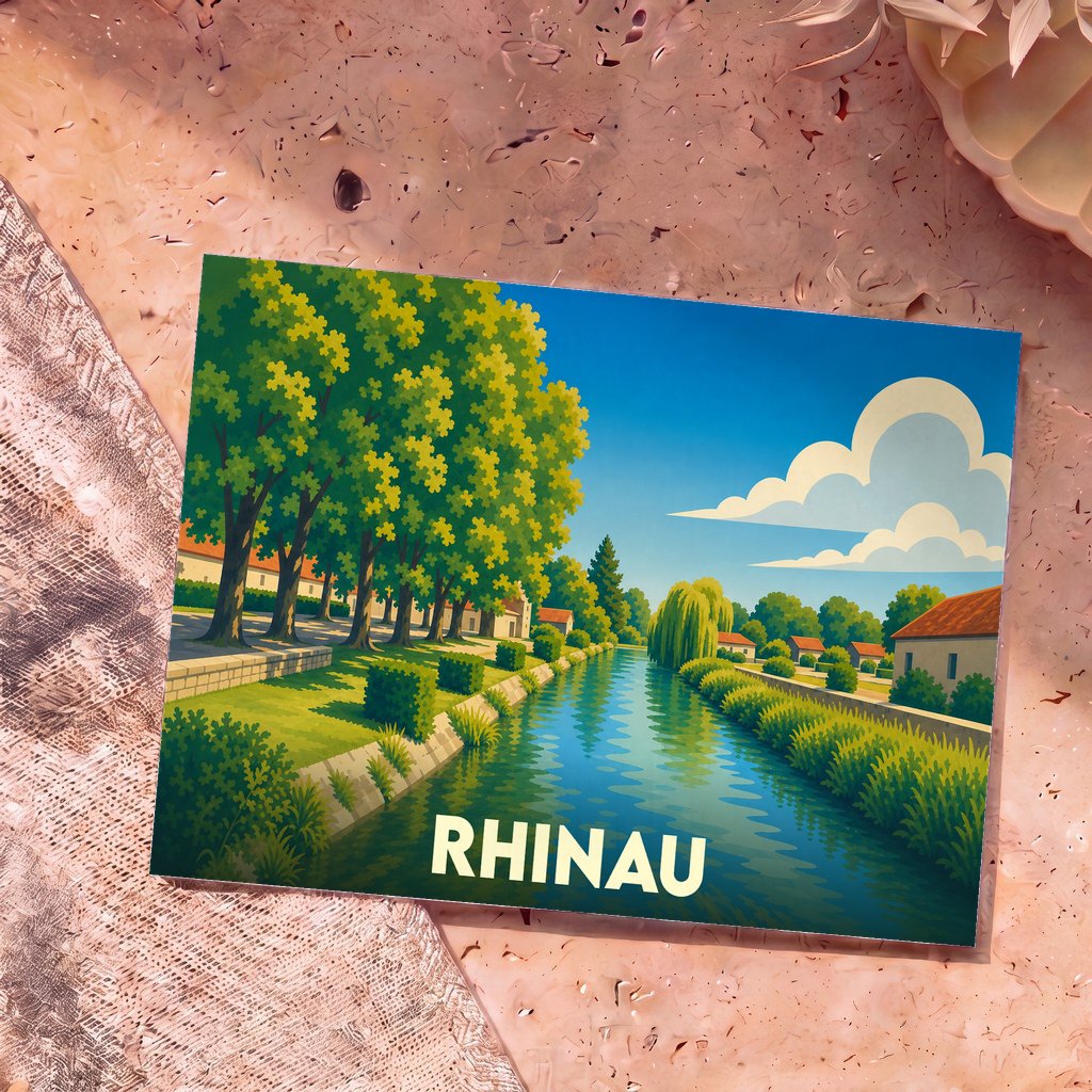 Carte postale souvenir de la ville de Rhinau avec une illustration stylisée d'un canal bordé d'arbres.