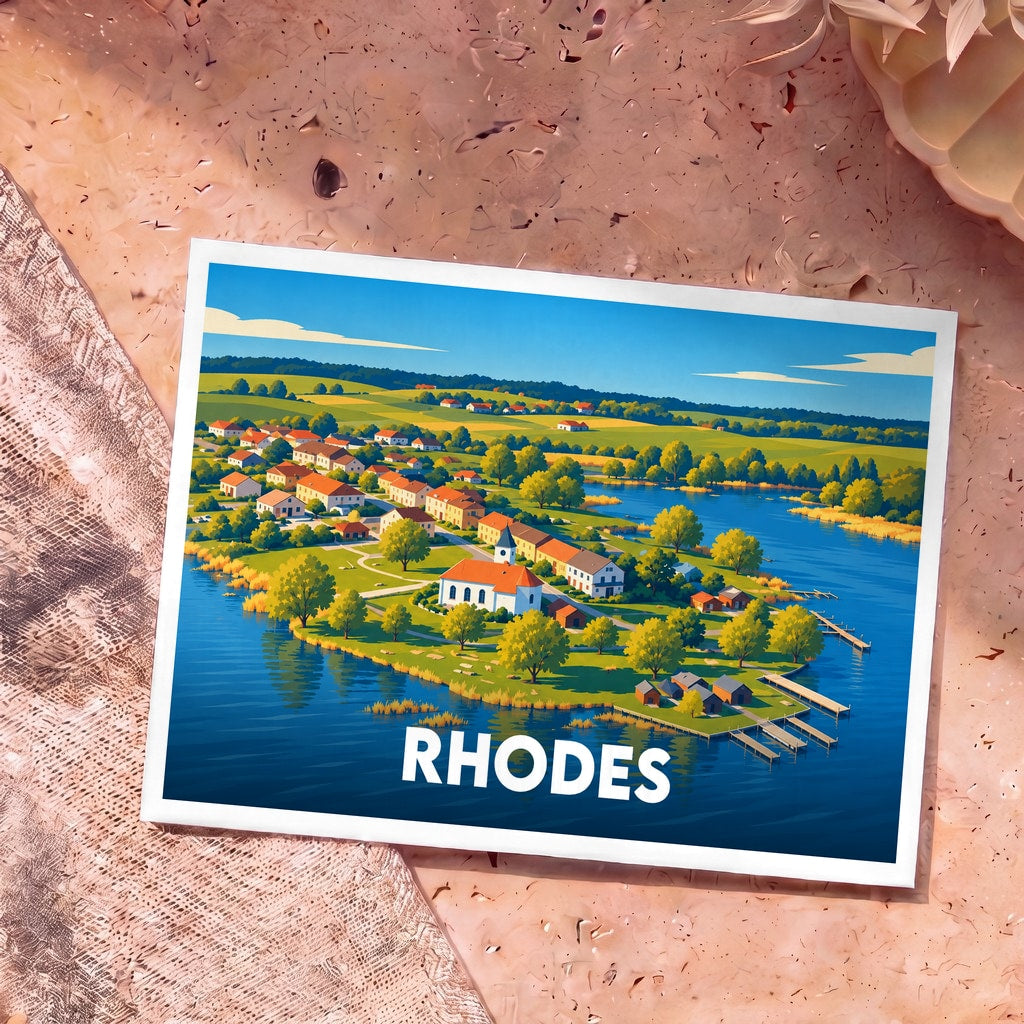 Carte postale souvenir de la ville de Rhodes ornée d'une illustration stylisée d'un village côtier.