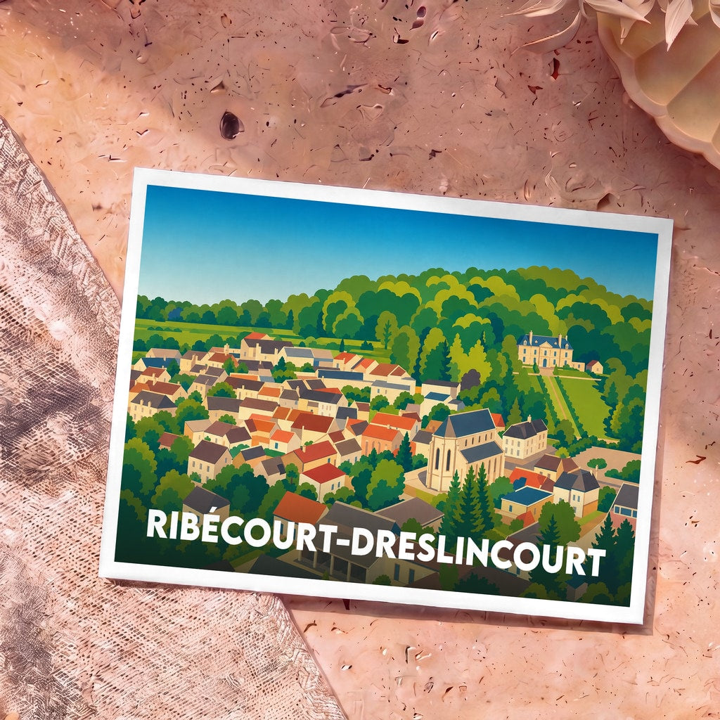 Carte postale souvenir de la ville de Ribécourt-Dreslincourt avec une illustration panoramique colorée et stylisée.
