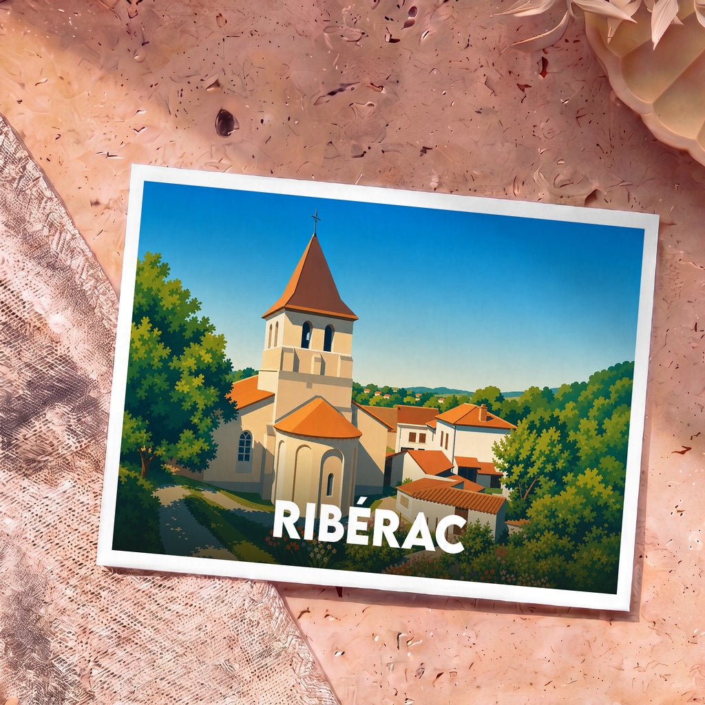 Carte postale souvenir de la ville de Ribérac avec une illustration stylisée de son église et de ses maisons traditionnelles.