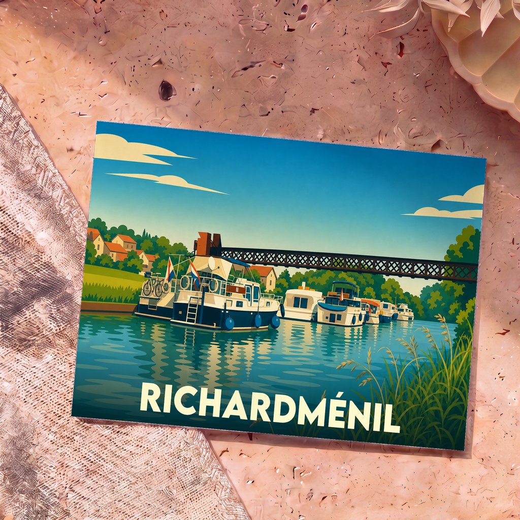 Carte postale souvenir de la ville de Richardménil avec une illustration stylisée de bateaux sur le canal.