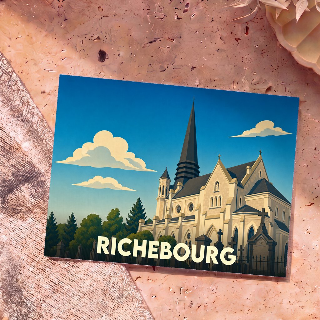 Carte postale souvenir de la ville de Richebourg avec une illustration stylisée de son église.
