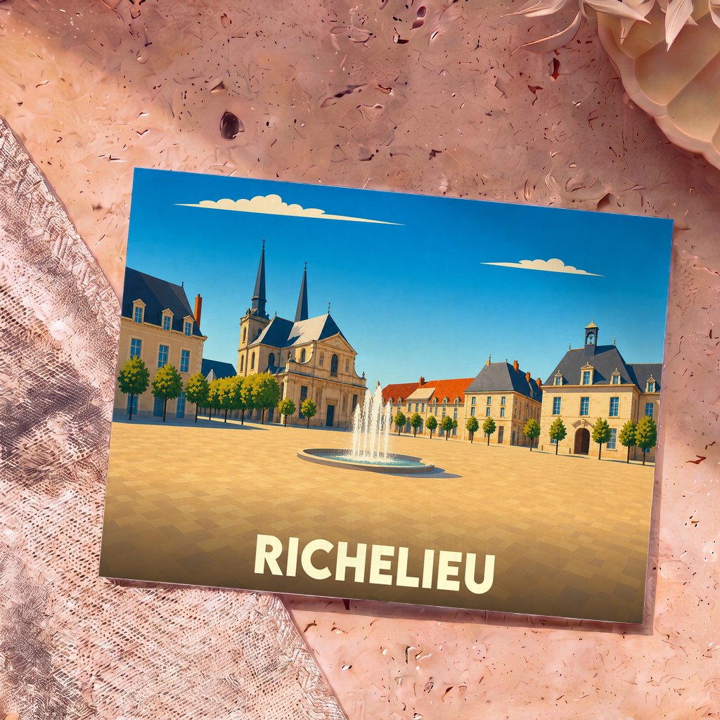 Carte postale souvenir de la ville de Richelieu avec une illustration stylisée de sa place centrale.