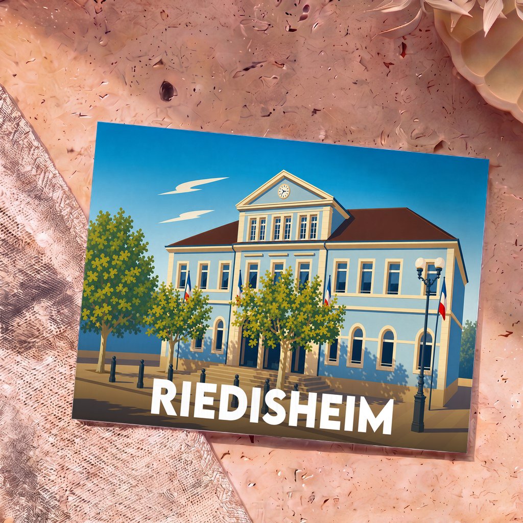 Carte postale souvenir de la ville de Riedisheim avec une illustration stylisée de son hôtel de ville.