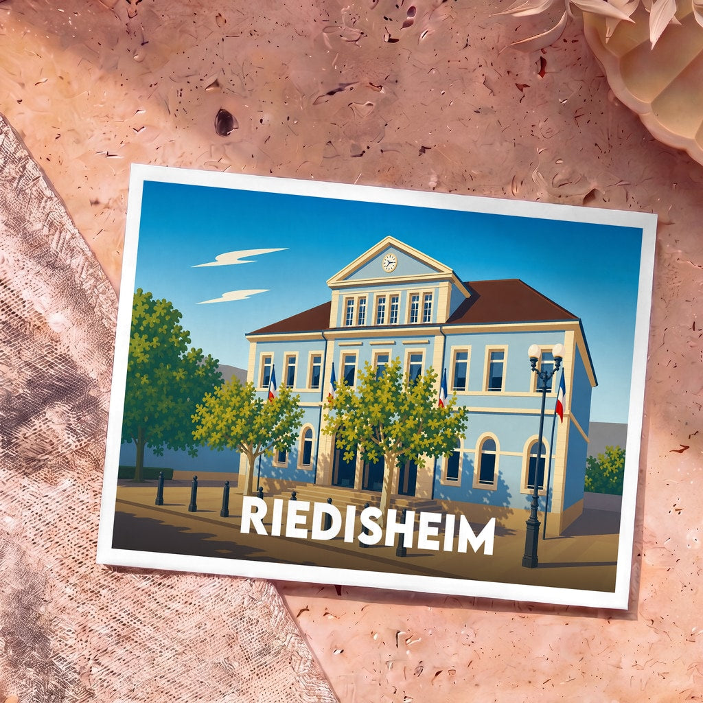 Carte postale souvenir de la ville de Riedisheim avec une illustration stylisée de son hôtel de ville.
