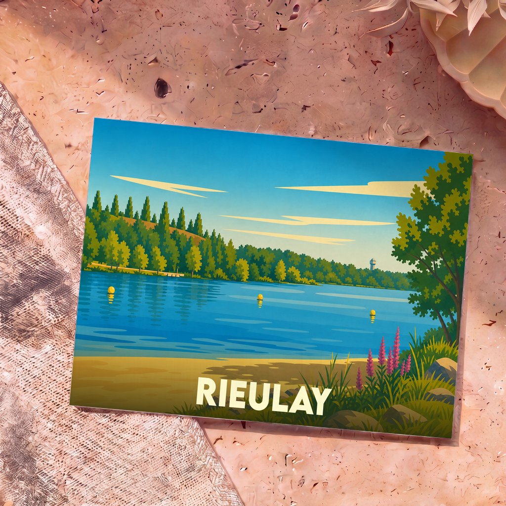 Carte postale souvenir de la ville de Rieulay avec une illustration stylisée d'un lac bordé de forêt.