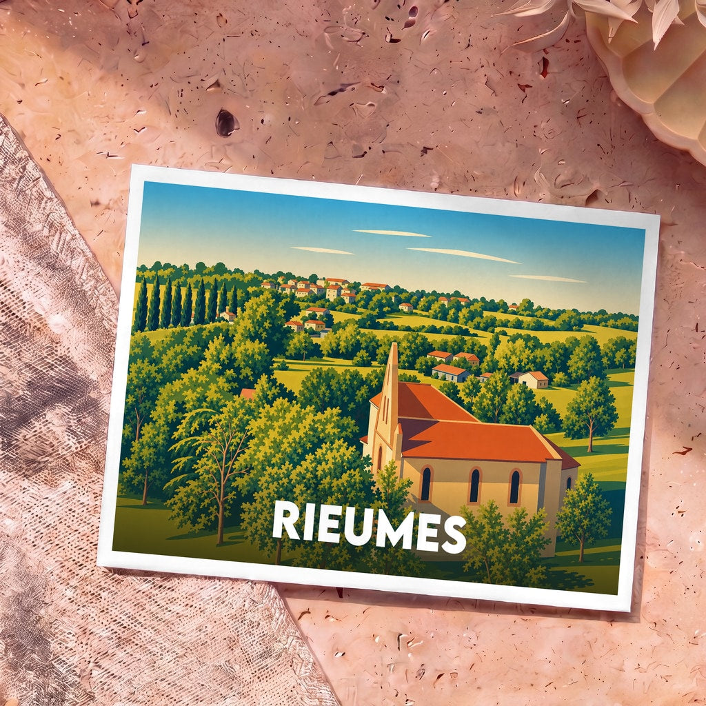 Carte postale souvenir de la ville de Rieumes avec une illustration stylisée d'un paysage vallonné et de son église.