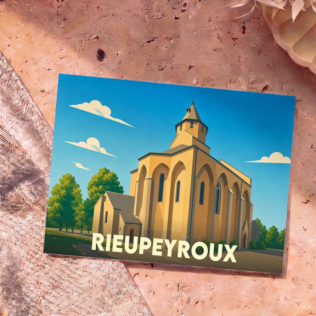 Carte postale souvenir de la ville de Rieupeyroux avec une illustration stylisée de son église.